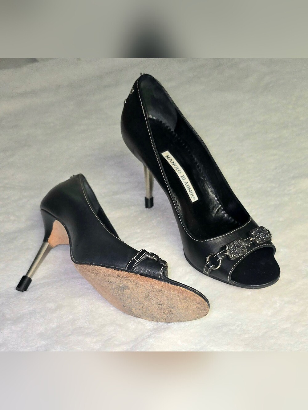 Manolo Blahnik Black Leather Peep-Toe Pumps with Silver-Tone Heels